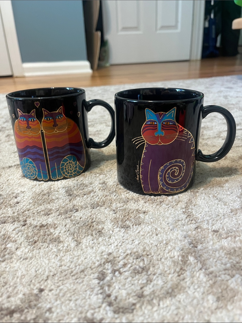 Laurel Burch Black Mug Pair with Multicolor Cat Art